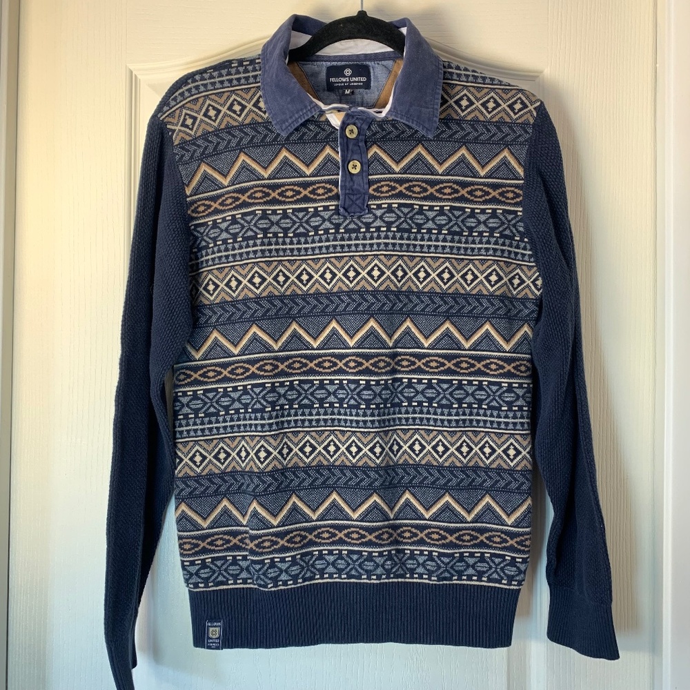 Fellows United‎ Geometric Knit Polo Sweater – Retro Preppy Cotton Pullover M